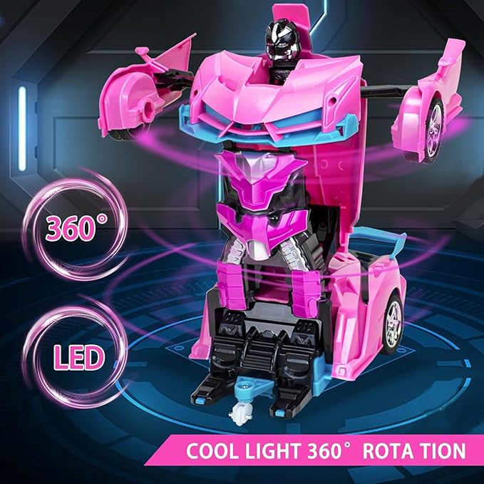 Rc Car, Remote Control Car Toys for Girls Birthday Gifts, 1:18 Pink Transform Robot Toy Cars with 360° Rotating Led Lights & One Button Deformation Transform Toys for Kids 3 4 5 6 7 8+