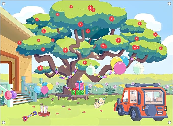 7x5FT Cartoon Dog Garden Tree Backdrop, Blue Sky Ballon Birthday Polyester Photography Background for Parties, Happy Birthday Photo Booth Prop Decorations