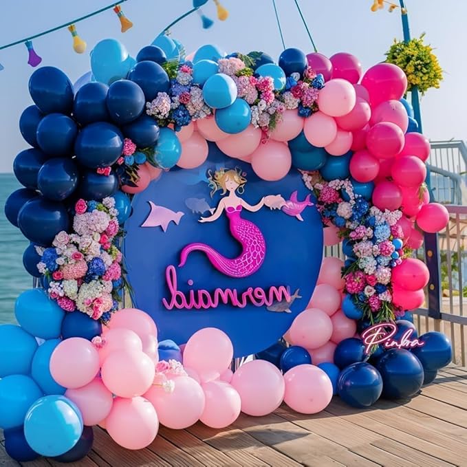Navy Blue Pink Balloon Garland Double Stuffed Dark Blue Hot Pink Silver Balloons Royal Pastel Balloon Arch Kit for Birthday Gender Reveal Baby Shower Graduation Hawaii Party Decorations