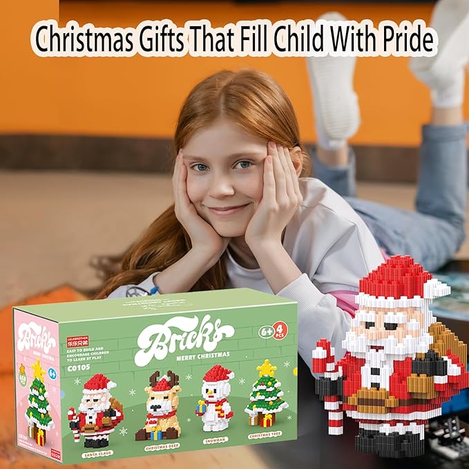 Christmas Building Blocks Set 4 in 1 Compatible with Lego Christmas Micro Blocks Stacking New Toys Holiday Present Box New Year Birthday Gifts for Kids 7 8 9 10 11 12 Years Old (4IN 1)