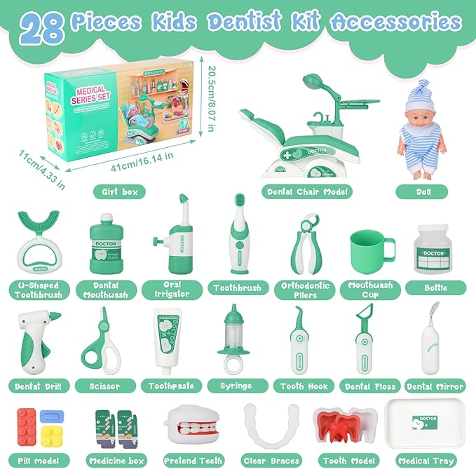 Doctor Kit for Toddlers 3-5, 28 Pcs Kids Dentist Play Set for Girls Boys Gift, Pretend Play Medical Kit with Chair, Dental Tools, Cute Doll, Kids Role Play Dentist Gift for Birthday Christmas(Green)