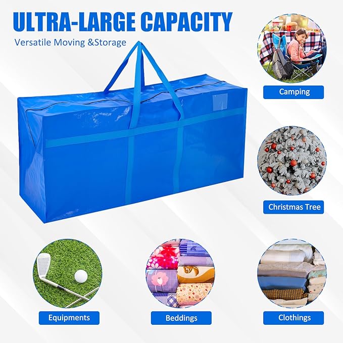 Windyun 4 Pack 121 Gallon Extra Large Storage Bags XXL Moving Bags with Zipper Handles Heavy Duty Jumbo Big Totes Box for Halloween Skeleton 4-12 Feet Christmas Tree Storage College Dorm Cloth (Blue)