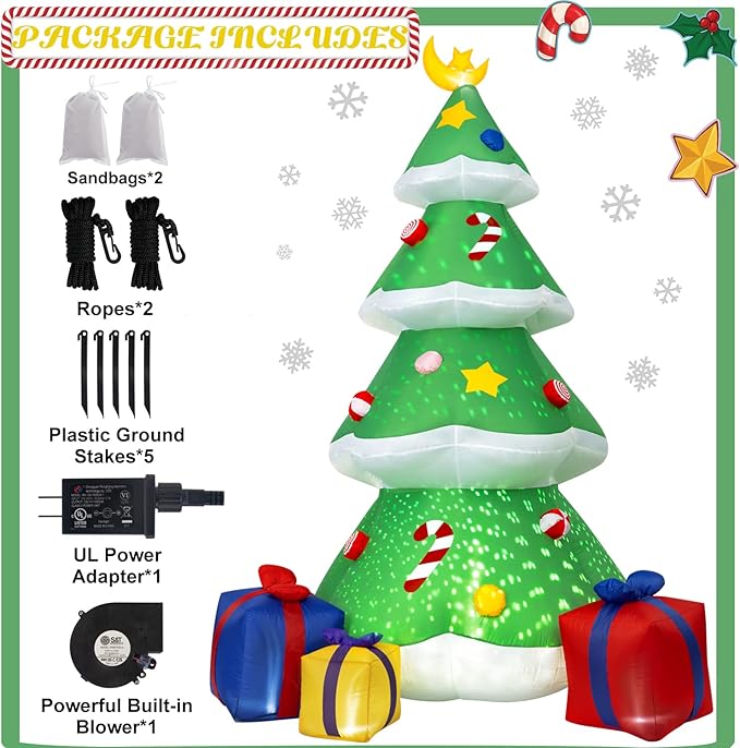 Outdoor Christmas Inflatables Decorations, 8FT Inflatable Christmas Tree with Build in Rolated Snowflake Lights, Blow up Inflatable Tree with Gift Boxes and Moon for Christmas Party Indoor, Outdoor,