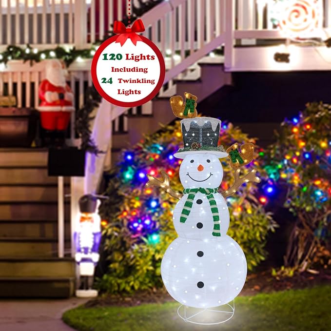 Outdoor Snowman Lighted, Pop-Up Lighted Snowman Outdoor Christmas Decorations Prelit 120 LED Lights Plug-in, Collapsible Light Up Snowmen with Squirrels Pine Cone Home Balcony Porch Yard Decor-Green