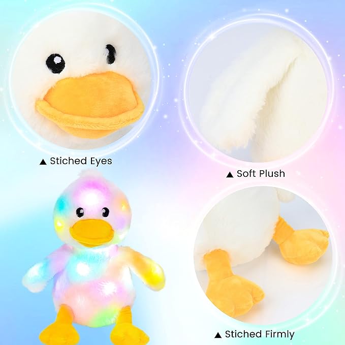 Hopearl LED Plush Duck Lighting Up Stuffed Duckling Farm Animal Floppy Night Lights Glow in The Dark Birthday Gifts for Kids Toddler Girls, White, 12''