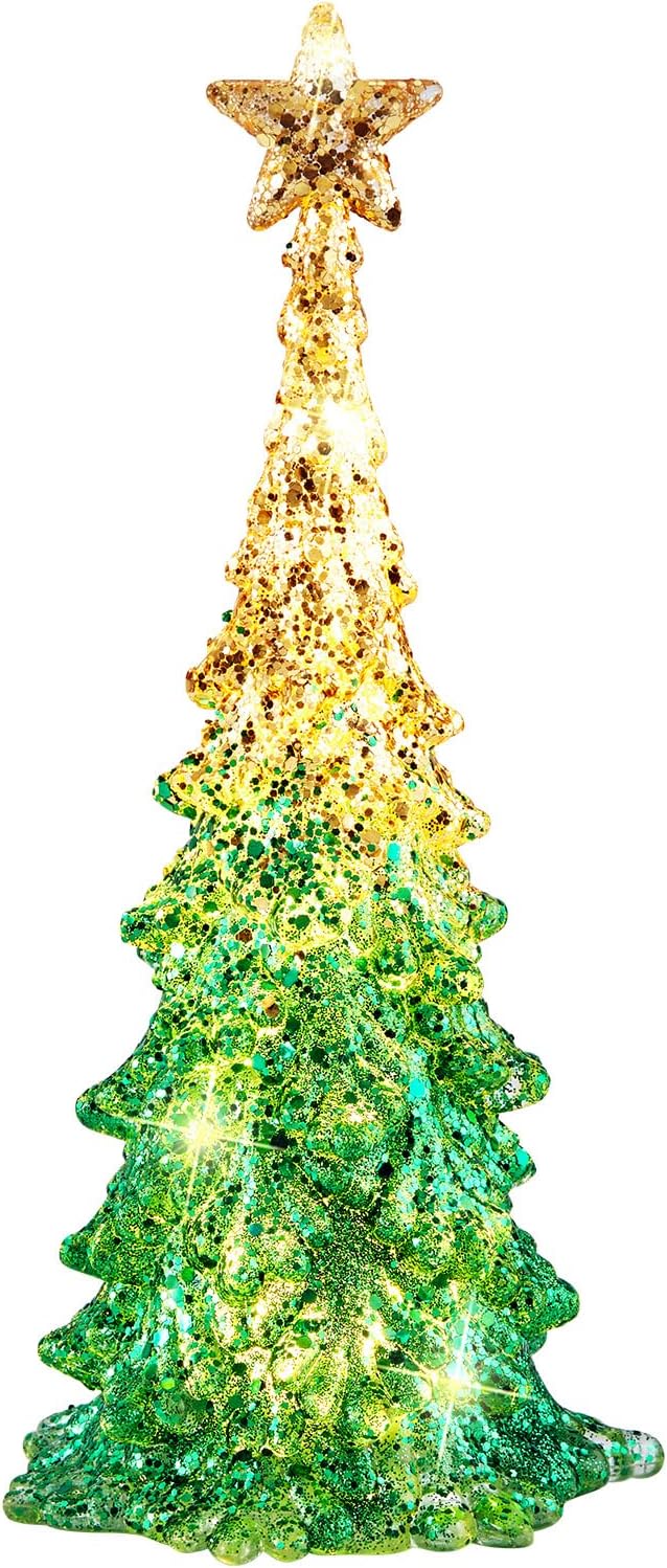 11 Inch Tabletop Christmas Tree with Sparkling Glitter - Battery Operated Acrylic Lighted Christmas Tree for Home Office Fireplace Christmas Holiday Decoration Festive Decor Gift, Warm White Glow