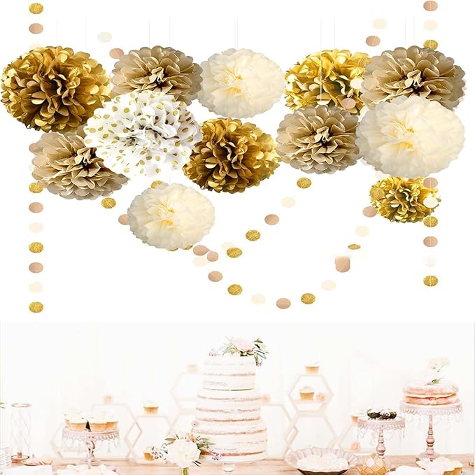 12-Piece Set of Gold and White Hanging Tissue Paper Pom Poms for Engagement, Wedding, Birthday, Bachelorette, and Bridal Shower Decorations
