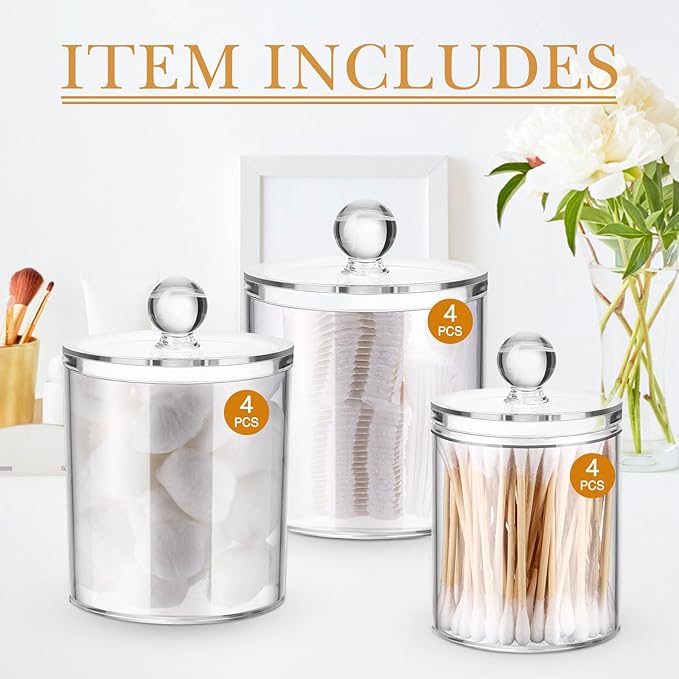 Meanplan 12 Pack Acrylic Holder Dispenser Plastic Apothecary Jars with Lids for Cotton Ball, 10/22/39 oz Clear Plastic Storage Jars Floss Holder Container for Cotton Swab Bathroom, 3 Sizes