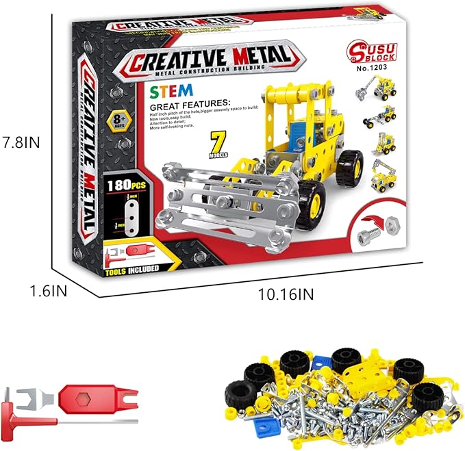 7 in 1 STEM Toys,Erector Set for Boys Age 8-12,Learning Engineering Kids Building Blocks Model Kits,Metal Construction Toys for Kids 8 9 10 11 12+ Year Old(180PCS No Motor)
