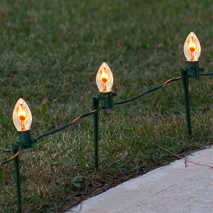C7 Halloween Flicker Flame String Lights, 25Ft C7 Outdoor Christmas Decorations String Lights with C7 Clear Flicker Flame Bulbs, Hanging Patio Lights for Christmas Halloween Party Garden Porch-Black