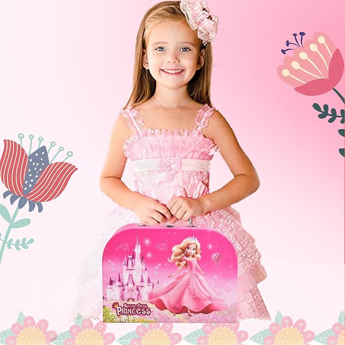 Tea Party Set for Little Girls, Pretend Tin Teapot Set, Princess Tea Time Play Kitchen Toy with Cups, Plates and Accessories for Birthday Easter Gifts Kids Toddlers Age 3 4 5 6