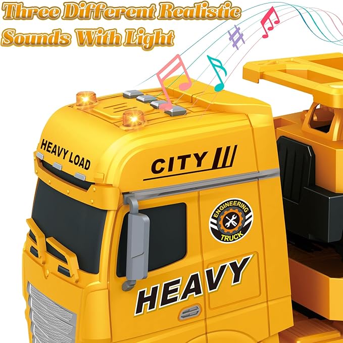 3-in-1 Construction Truck Toys for Kids Ages 3-6 - Inertia Semi Trailer with Excavator & Dump Truck, Light and Sound Play Vehicles