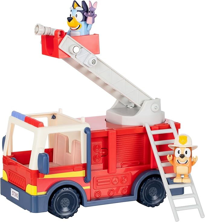Bluey Firetruck Toy with Firefighter Bingo, Bob Bilby Figures | Extendable Ladder & Hose | Includes Stickers - Perfect for Kids Ages 3+