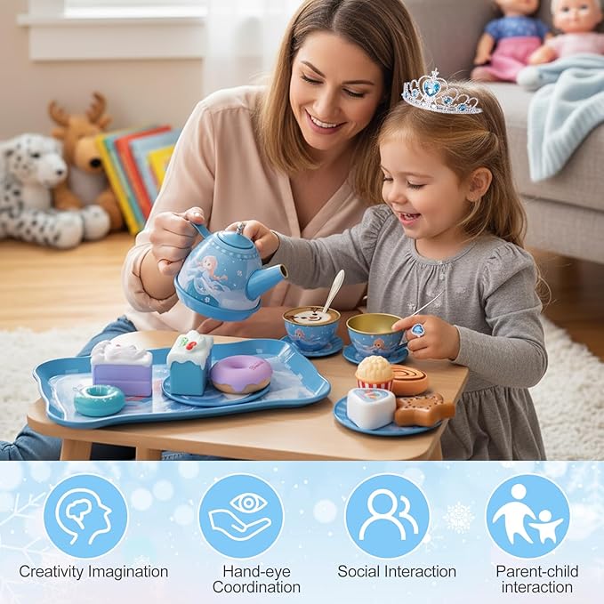 Tea Party Set for Little Girls, 49PCS Princess Tea Time Toys Including Teaset Dessert Carrying Case, Kids Pretend Play Kitchen Toys, Toddler Girl Birthday Gifts for 3-8 Year Old, Snowflake