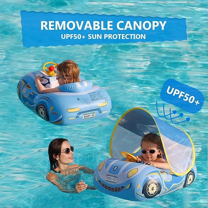 3D Car Thick PVC Inflatable Baby Swim Pool Float with Sun Shade Cover and Steering Wheel - Age 1-4 Years Old