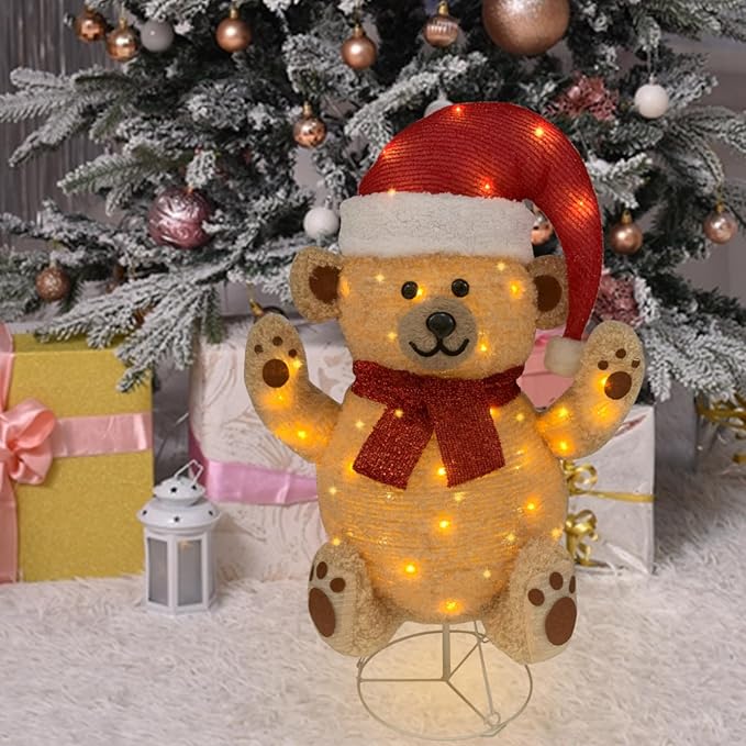 Lighted Christmas Bear Decorations, Pop-Up Bear Outdoor Yard Woodland Christmas Decor Prelit 70 Lights, Collapsible Lighted Bear Wears Santa Hat for Home Porch Yard Christmas Décor-Brown
