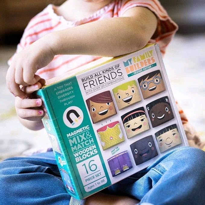 16-Piece Multiracial Magnetic Friends Play Set – Wooden Diversity Building Blocks for Kids – SEL Toy Promoting Cultural Inclusion & Creative Play