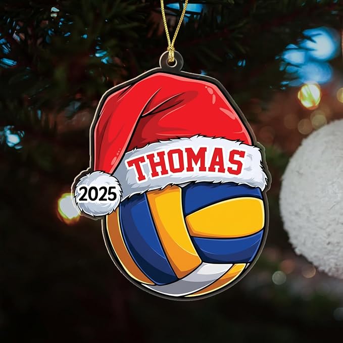 Personalized Year & Name Volleyball Player Christmas Ornament 2025, Volleyball Shaped Xmas Ornament Gift for Volleyballs Lover Coach Team, Custom Volleyballs Sport with Santa Hat Decor Xmas Ornaments