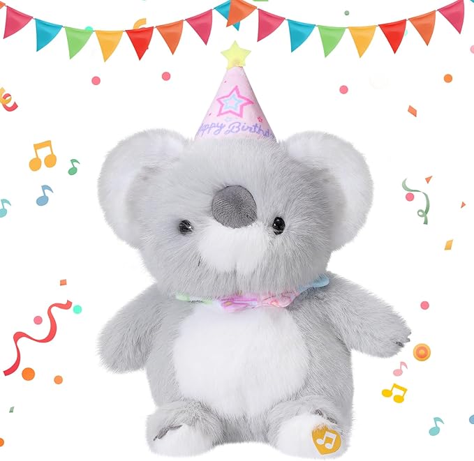 Birthday Koala Plush Toy Clap Activated with Voice Recording Singing Dancing Interactive Stuffed Animal Gift for Toddler Kids Boys Girls