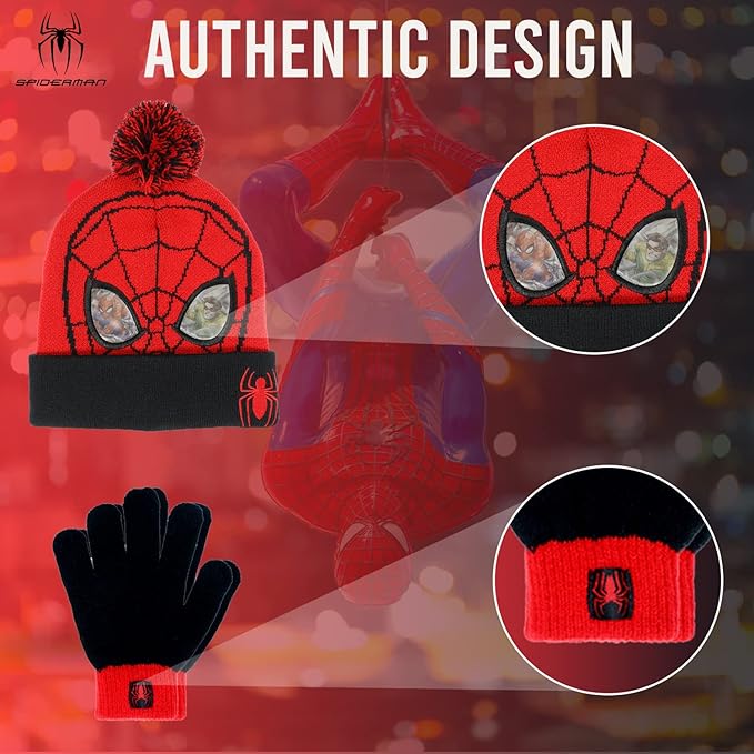 Marvel Spider-Man Kid’s Winter Hat and Snow Gloves for Boys and Toddlers, 2 Pc. Set, Pom-Pom Beanie with Warm Mittens