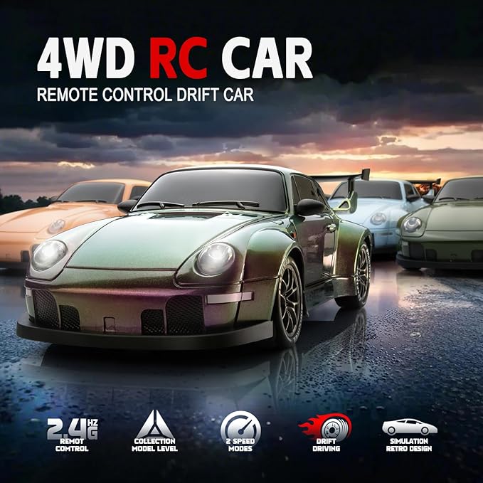 RC Drift Car, 1:24 Scale Remote Control Vehicle with LED Lights, 2.4GHz 20KM/H 4WD High Speed RC Cars, Drifting Tires＆Two Batteries, Racing Sports Toy Idea Gift for Adults Boys Girls and Kids