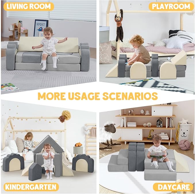 13 Pieces Foam Climbing Blocks for Toddlers 1-3|Kids Floral Soft Play Climbing for Indoor,Infant Modular Crawing Toys with Washable Cover for Playroom,Bedroom,Nursery and Preschool,Gray & Beige