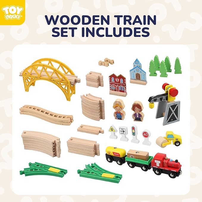 TOY Life Wooden Train Set 60pcs with Magnetic Crane, Wooden Train Tracks Toys for Toddlers Boys Girls 3 4 5, 3 Year Old Boy Gift, Wood Toys Toddler Train for Kids 4-8 - Fits Thomas Brio Chuggington