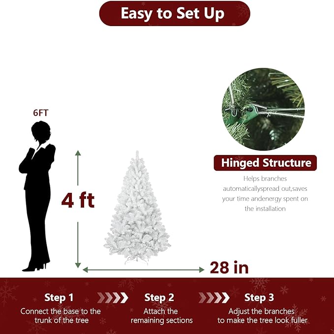 4ft White Christmas Tree with 328 Steel Branch Tip,Unlit Premium Full Hinged Spruce Christmas Tree with Foldable Base, Artificial Xmas Tree for Easy Holiday Setup