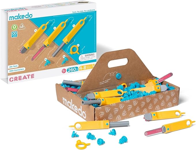 Makedo Create | Upcycled Cardboard Construction Tool Kit in Small Toolbox (260 Pieces) | STEM + STEAM Educational Toys for at Home Play + Classroom Learning | Reusable Tools for Boys and Girls Age 5+