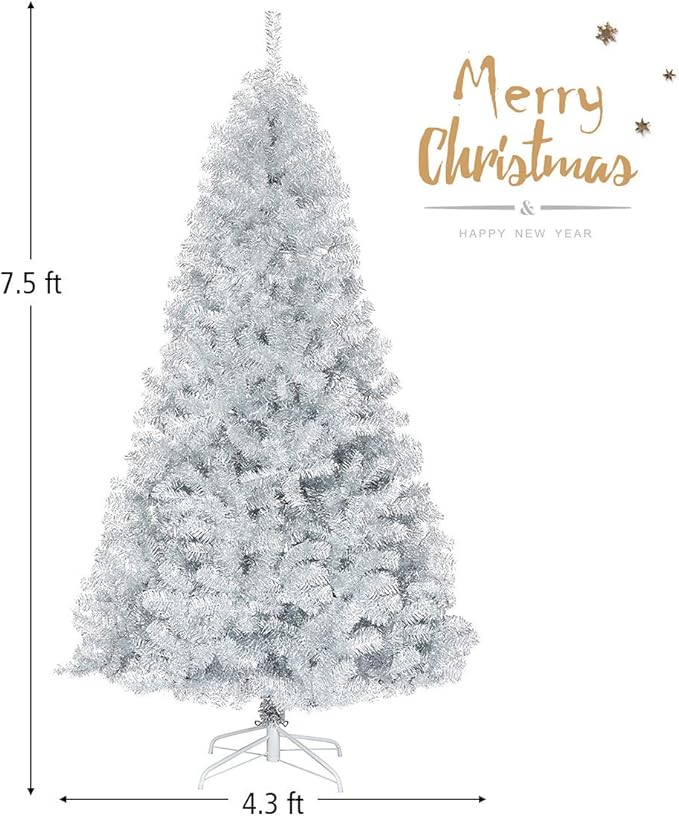 GOFLAME 7.5 FT Artificial Christmas Tree Hinged with 1258 Branch Tips, Silver Tinsel Christmas Tree with Metal Stand, Electroplated Technology for Indoor and Outdoor Holiday Decoration