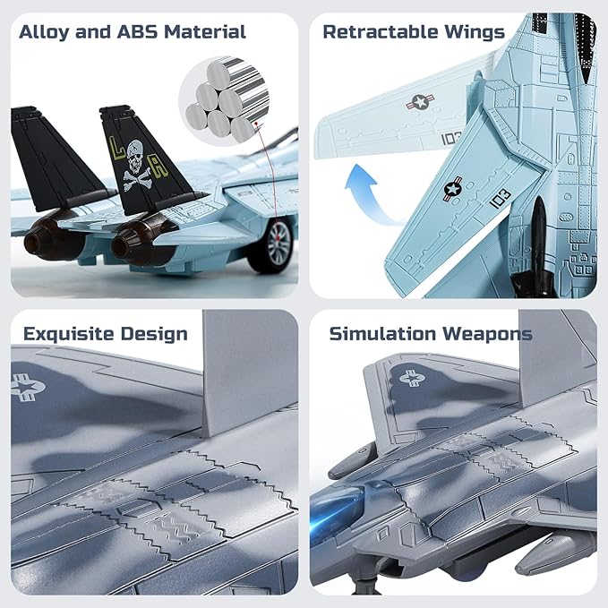 Double Fighter Jet Toy, F14 & F22 Diecast Planes with Lights & Sounds, Pull Back Military Aircraft Gift for Kids, Boys