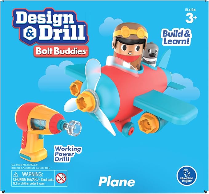 Educational Insights Design & Drill Bolt Buddies Plane - Construction Toys & Toddler Tools, Kids Tool Set with Real Electric Drill Toy, Take Apart STEM Set, Building Kits and Gifts for Ages 3+