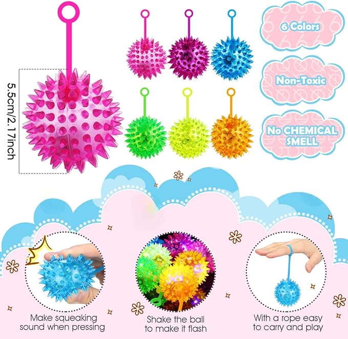 Sotiff 200 Pcs Light up Ball Spiky LED Bouncy Ball Flashing Squeaky Multicolor Puffer Toy Rubber Sensory Toy Carnival Prizes Bulk Party Favors for Teens, Adults, Children