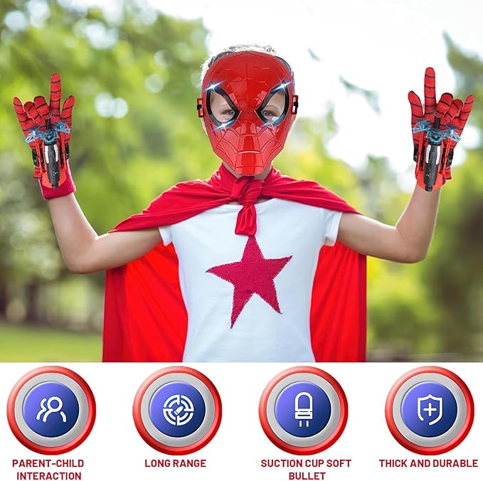 Superhero Spider Web String Launcher Slinging Toy Set, Includes 2 Web Shooters, 2 Gloves, 2 Hero Masks and 1 Cape, Ideal for Kids Indoor Outdoor Imaginative Role-Playing