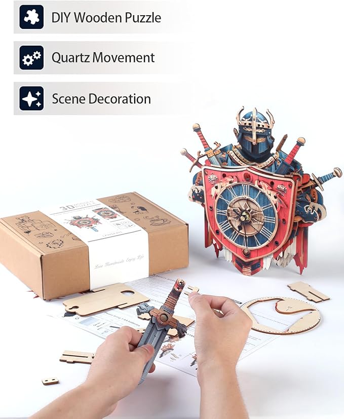 3D Wooden Puzzles for Adults, Knight Clock with Pendulum Model Kit, 3D Puzzles for Adults Room Home Decor DIY Wall Clock Kit, Holiday Birthday Christmas Day for Men Women Teens