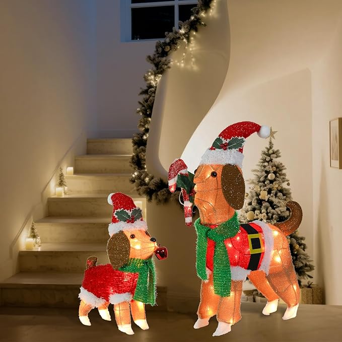VCUTEKA 2FT Lighted Outdoor Christmas Beagle Decoration, Adorable Dog Set with LED Lights, Glittered Holiday Display for Lawn, Garden, Yard or Home Christmas Décor