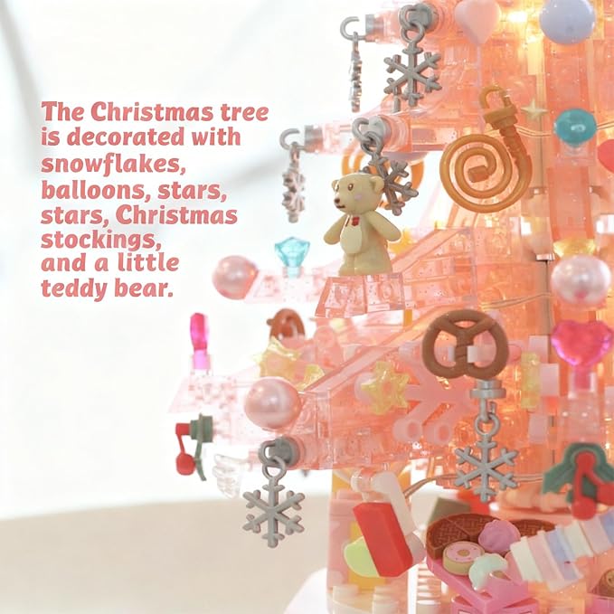 Pink Christmas Tree Building Blocks Music Box - DIY Buildable Christmas Decoration, Rotating Music Box, for Girls, Festive Atmosphere Light
