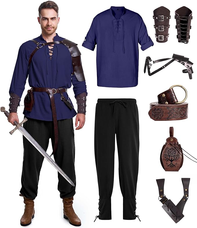 8 Pcs Men's Renaissance Costume Halloween Medieval Pirate Shirt Pant Viking Costume Accessories Set
