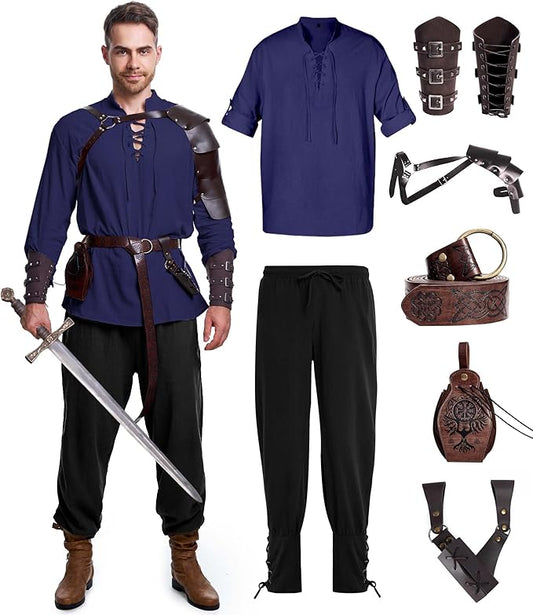 8 Pcs Men's Renaissance Costume Halloween Medieval Pirate Shirt Pant Viking Costume Accessories Set
