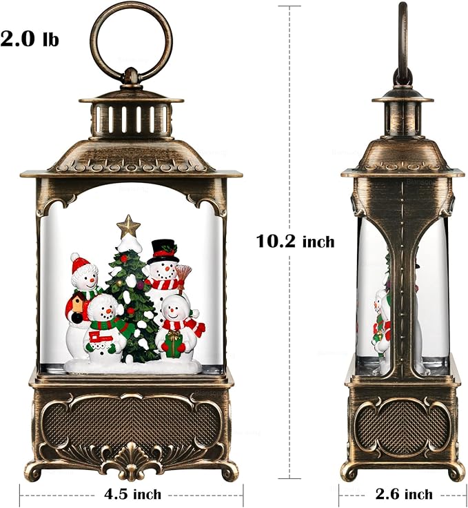 Snowman Snow Globe Lantern Christmas Decorations Gifts Auto Snowfall Glitter Music Collection Snowman Family Christmas Tree with 6H Timer USB/Battery Powered 10.2 inch