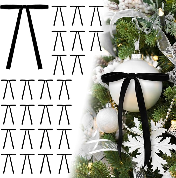 24Pcs Velvet Ribbon 5 x 7 Inch Christmas Ribbon 3/8 Inch Wide Christmas Bows Vintage Velvet Bows for Christmas Tree Black Bows for Christmas Tree Decorations