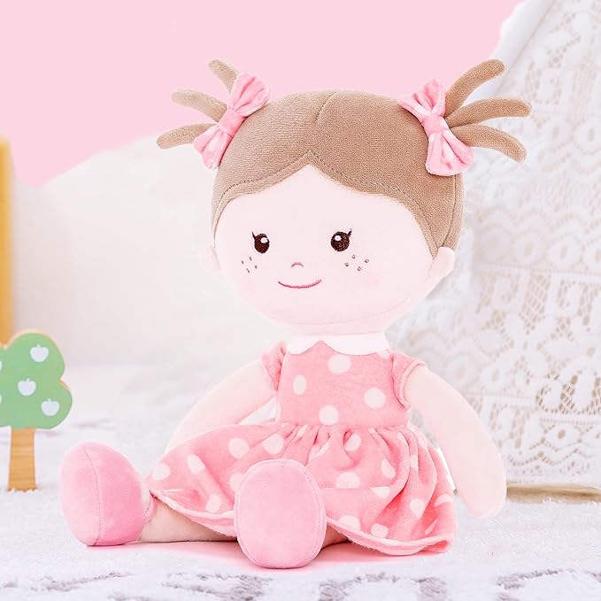Onetoo Plush Rag Doll Sleeping Cuddle Buddy Doll Soft Baby Doll First Baby Doll Wear Coral Polka Dot Dress 14"（Milly Series）