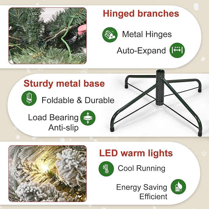 5 Ft Prelit Snow Flocked Christmas Tree with 250 Warm LED Lights, Premium Holiday Artificial Xmas Tree with 518 Realistic Branch Tips, Metal Stand for Indoor Home/Office Decor (Easy Assembly)