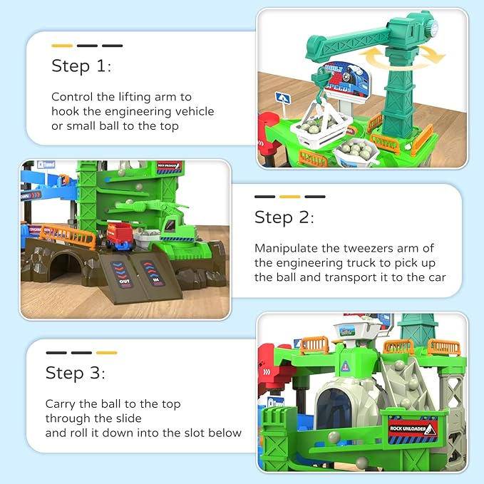 64PCS Train Engineering Adventure Track Toy for Kids 3+,Electric Climbing Ladder, Rotating Crane, Multi-Level Obstacles, Realistic Mining World with Parking&Gas Station,Ideal Gift