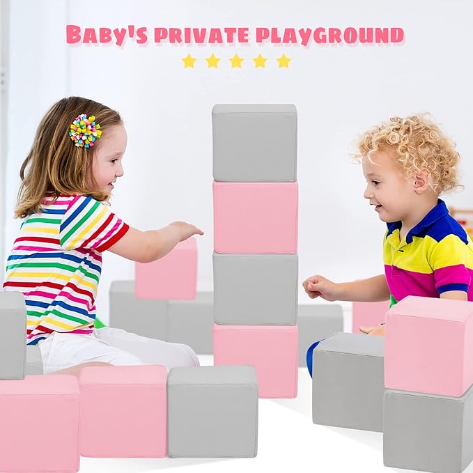 TRENDBOX 6 Pcs Toddler Foam Blocks, 5.5inch Soft Foam Cubes Blocks with Detachable Washable Cover, Soft Play Blocks for Toddlers and Kid （Light Gray & Pink）