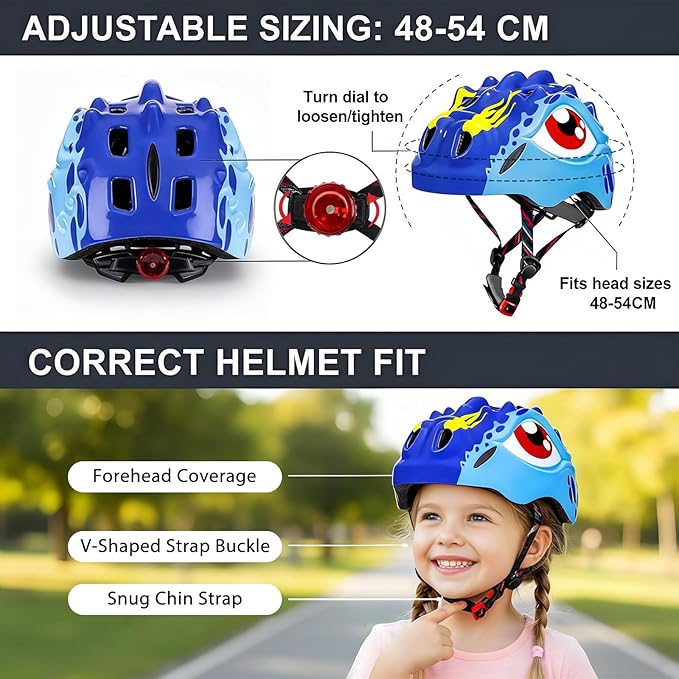 KINGBIKE Toddler Helmet 2-3-5-8 Years Kids Balance Bike Helmets Size Adjustable 3D Dinosaur with Led Light for Skateboard Scooter Cycling Skaterolling