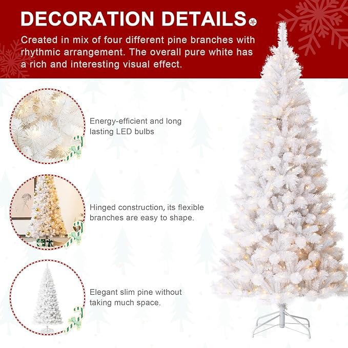 Glitzhome 8ft Pre-Lit Slim Artificial Christmas Tree, Aspen Frostfall Pine Hinged Holiday Xmas Tree with Foldable Metal Stand, 500 Warm White Lights, Ideal for Home, Office, Party Decoration