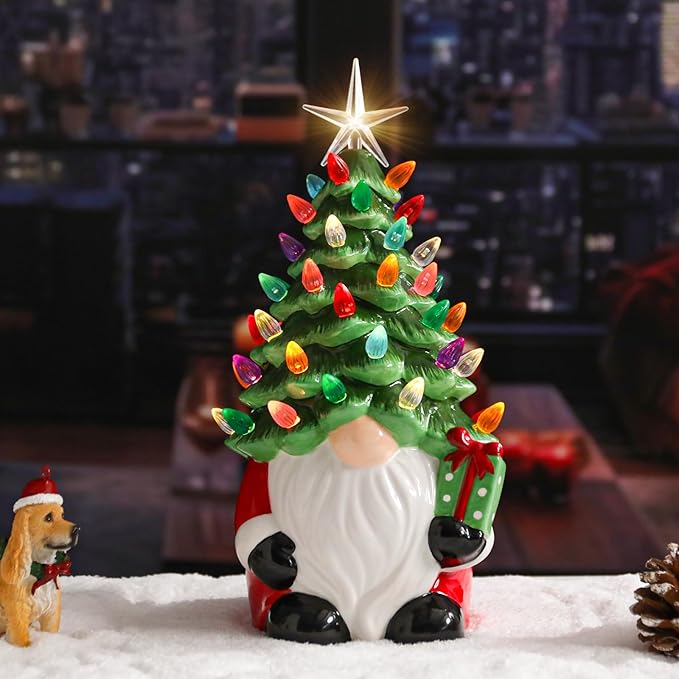 Small Ceramic Christmas Tree Hand-Painted Vintage Tabletop Christmas Tree Holiday Decoration with Multi-Color Lights Green Gnome 11 inch