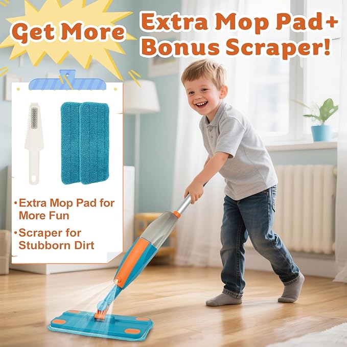 Kids Spray Mop - Real Working Toddler Cleaning Toy Set with Water Sprayer & 2 Washable Pads - Montessori Mini Mop & Sweeper - Interactive Learning Toys for Kids Ages 3+