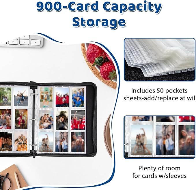 900 Pocket Trading Card Storage Album, Card Binder with 50 Durable 9-Pocket Pages, Blue Dragon Design on Pocket Card Packs, Thanksgiving Christmas Birthday Gifts for Zipper Closure Collector